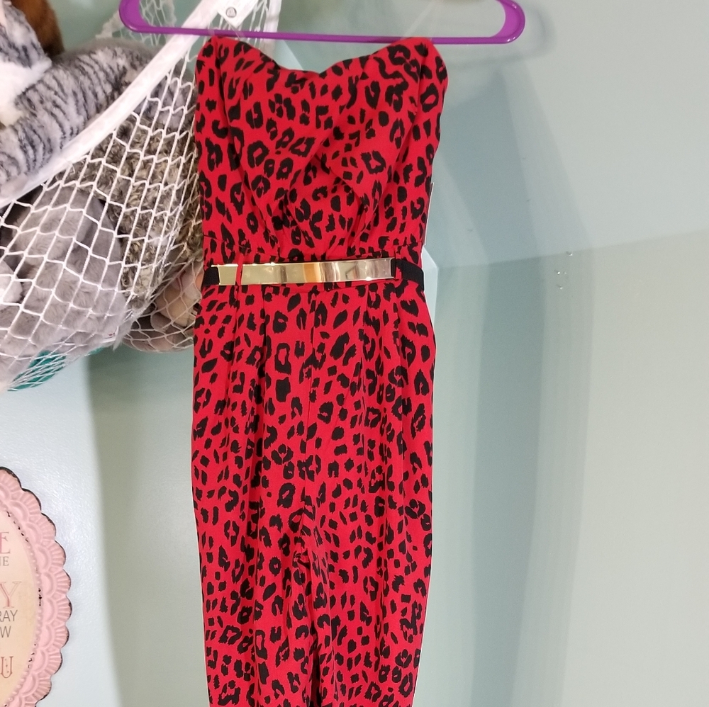 Red Leopard Print Tube Top Jumpsuit with Gold Belt